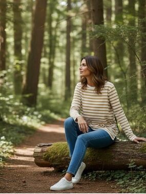 Donna Karan White and Goldenrod Striped Long-Sleeve Linen Blend Tee NWOT Small